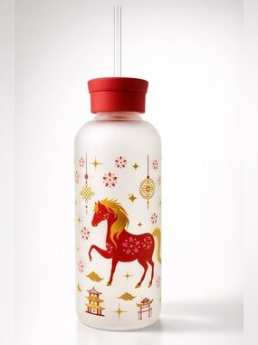 OCS Designs Frosted Glass Water Bottle Tumbler W/Straw Horse Asian Style-Motif